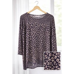 BELLE by Kim Gravel Popover Tunic Top Blouse Size XL Purple Leopard Print Flowy